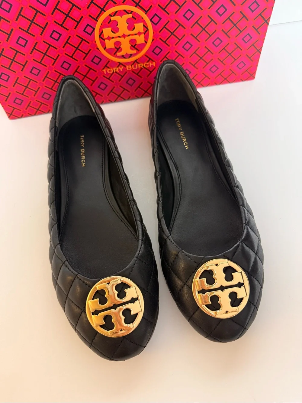 Tory Burch Chelsea Quilted Ballet Flats Black Nappa Leather Gold Logo Shoes 8.5